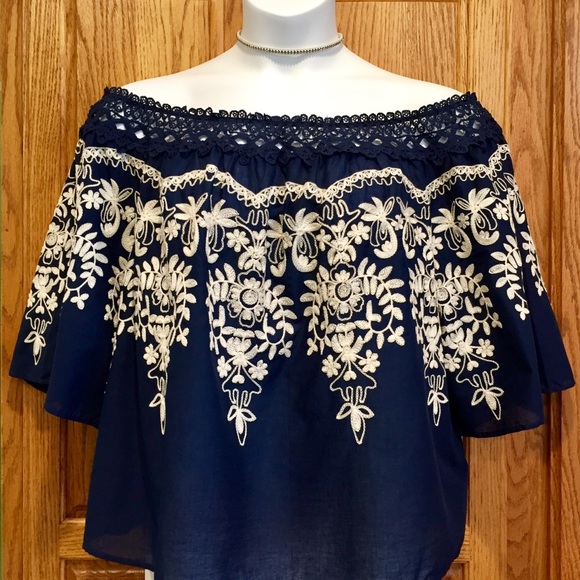 Flying Tomato Tops - Flying Tomato 1X Navy Off Shoulder Embroidered Top